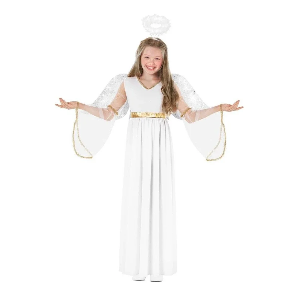 Morph Kids Angel Costume Girls XL 12-14 White Dress Wings Halo Halloween Outfit